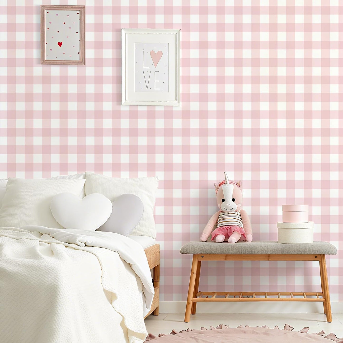 Papel tapiz a cuadros beige autoadhesivo rosa 17.7x78.7