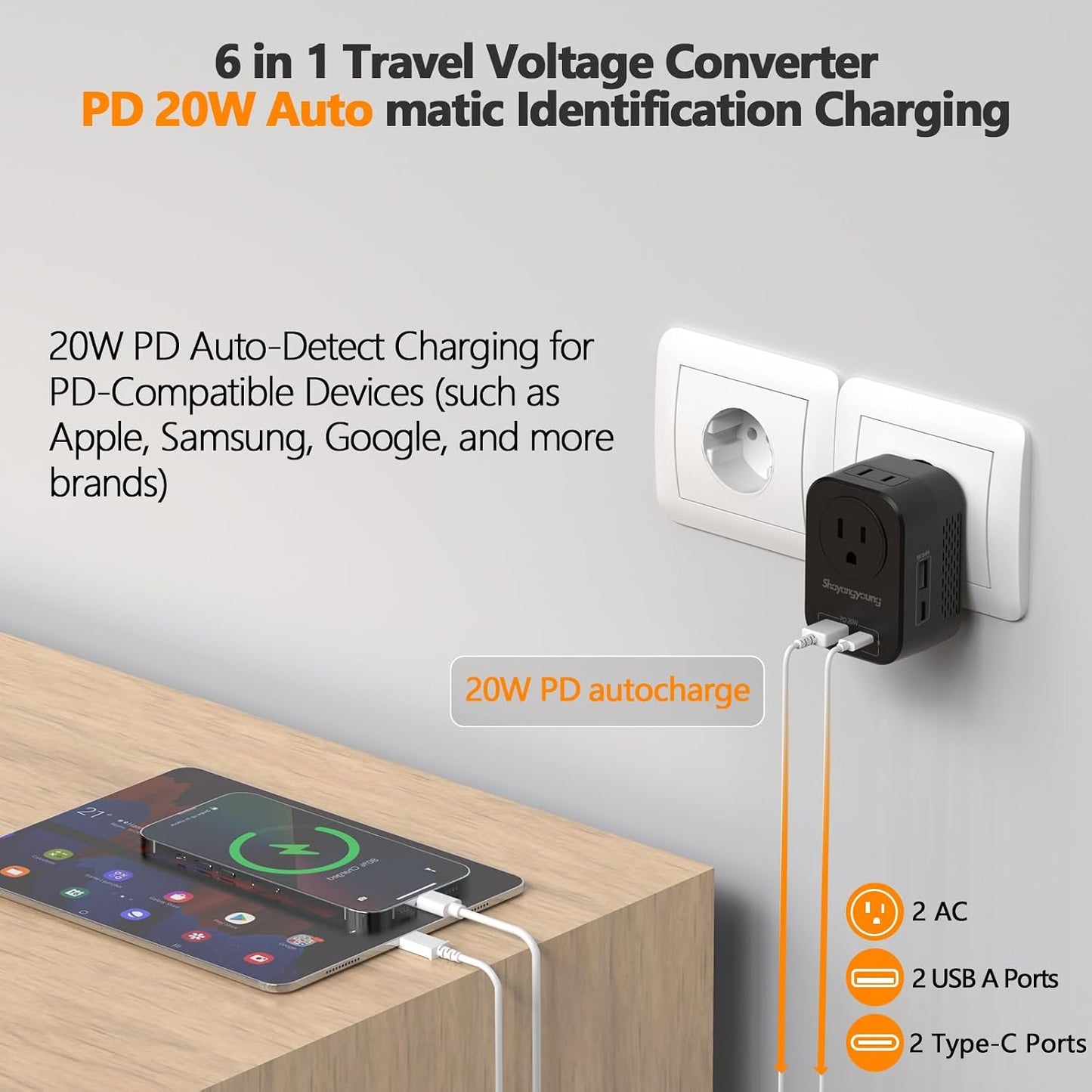 Convertidor voltaje 220V a 110V 20W 2 USB 2 Tipo-C