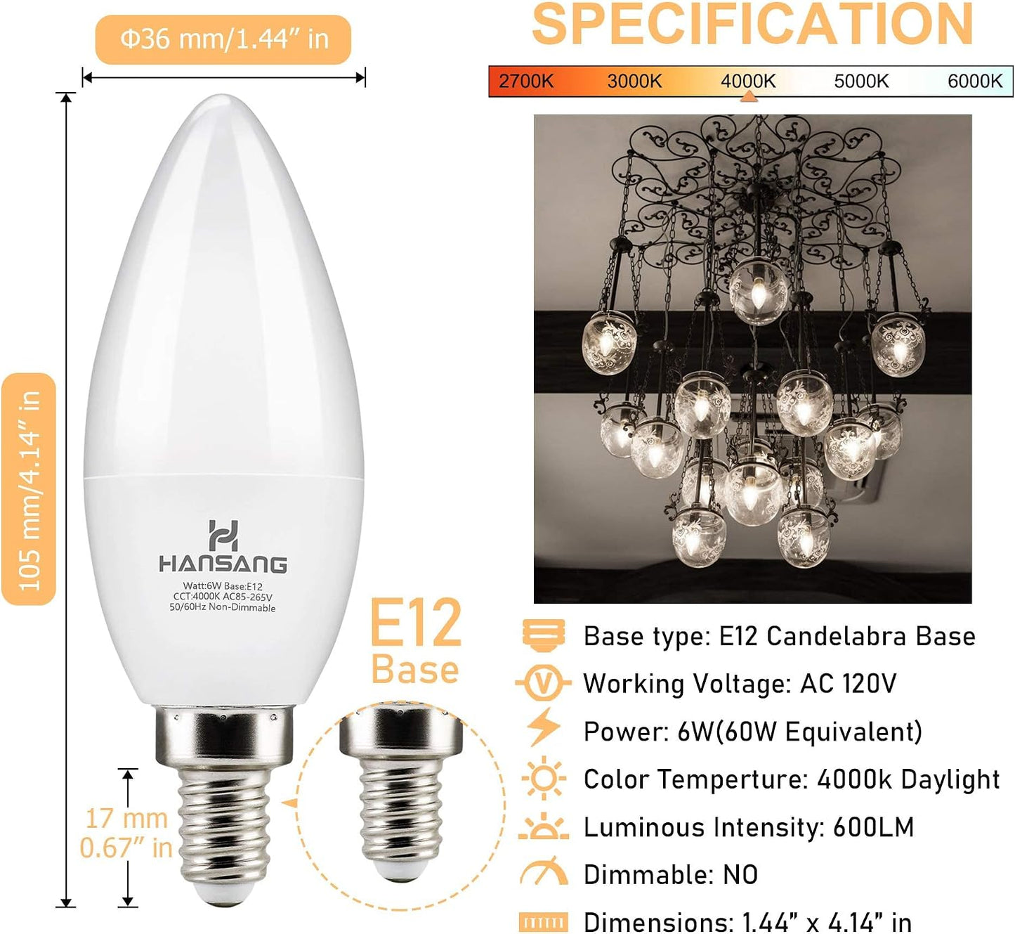 Set 12 Bombillas LED E12 6W 4000K