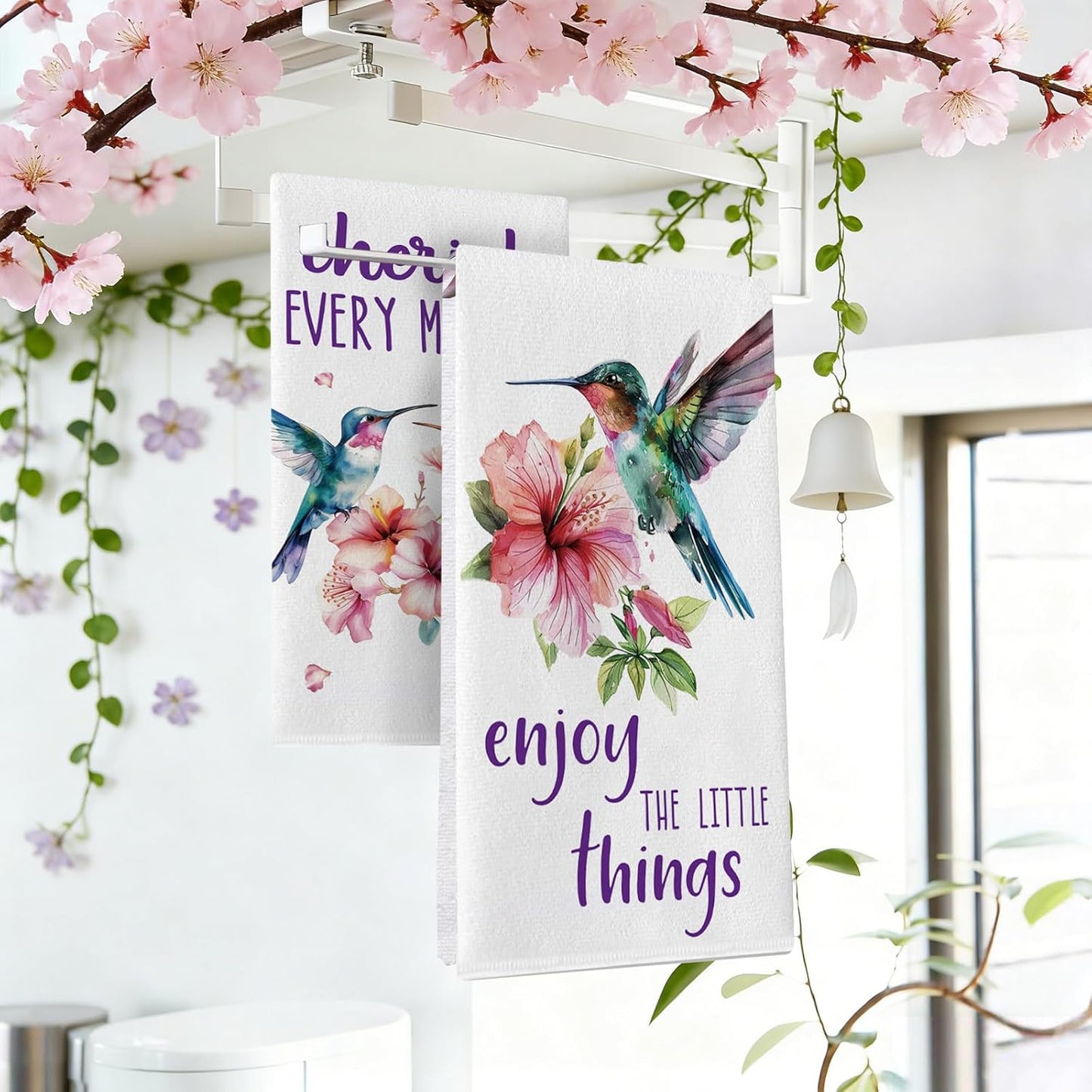 Juego de 2 paños de cocina florales colibrí primavera verano