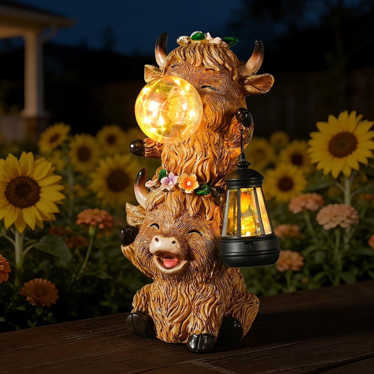 Estatua vaca jardín solar resina con luces LED impermeable