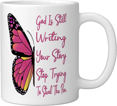 Taza cerámica God Is Still Writing Your Story Deja de intentar robar el lápiz
