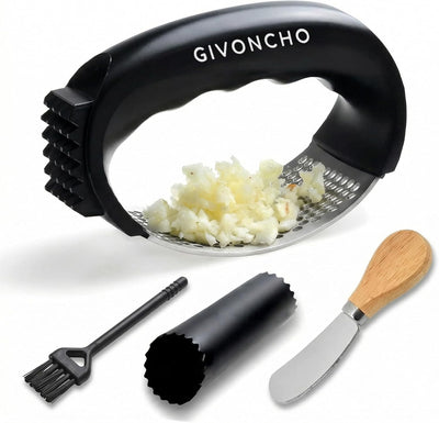 Juego molinillo de ajo y balancín de prensa acero inoxidable con pelador