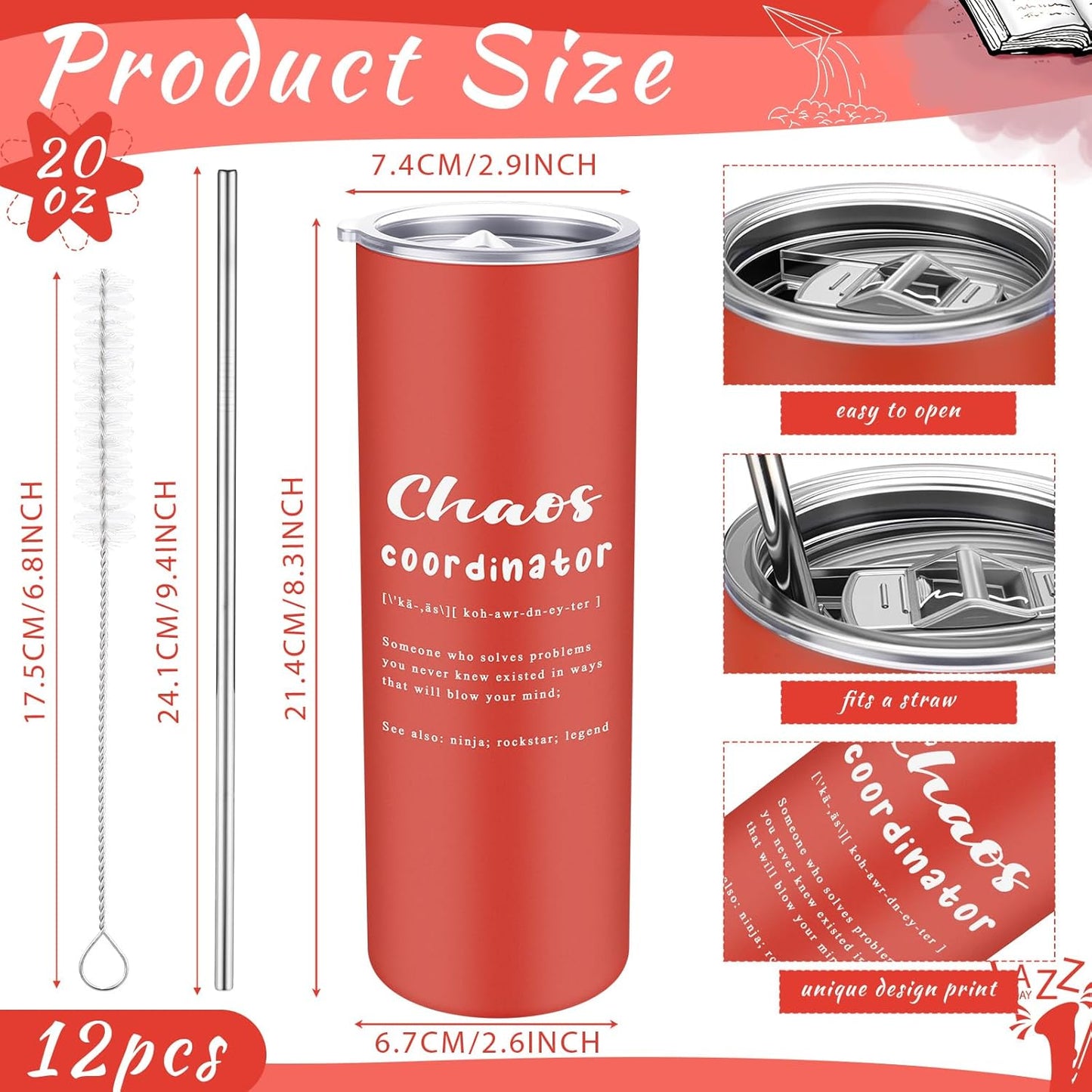 Set 12 Vasos Coordinador del Caos con Tapa Metal Pajita 20oz
