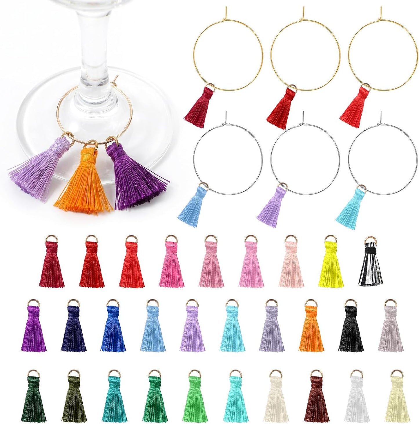 Juego de 87 dijes para copas de vino con borlas coloridas y anillos dorados y plateados