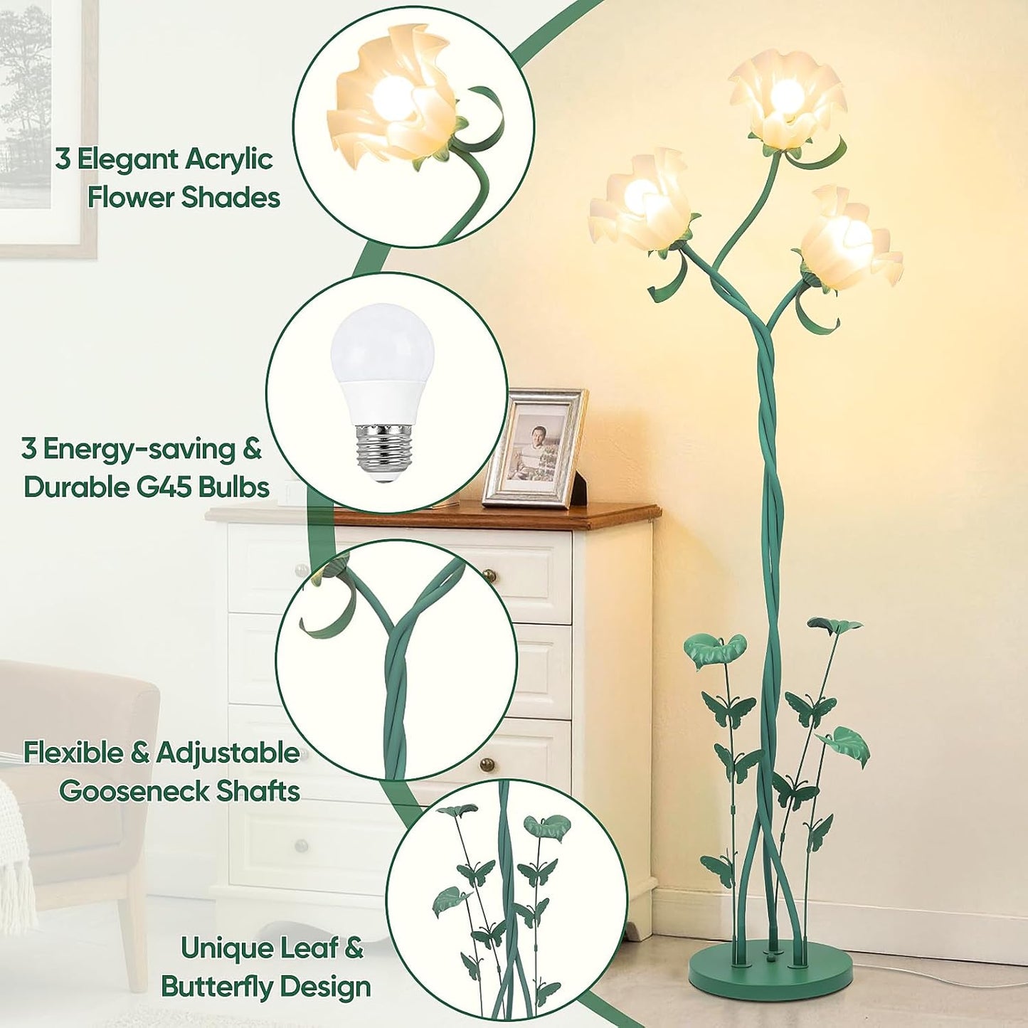 Lámpara pie flores 3 luces cuello cisne flexible 67pulg