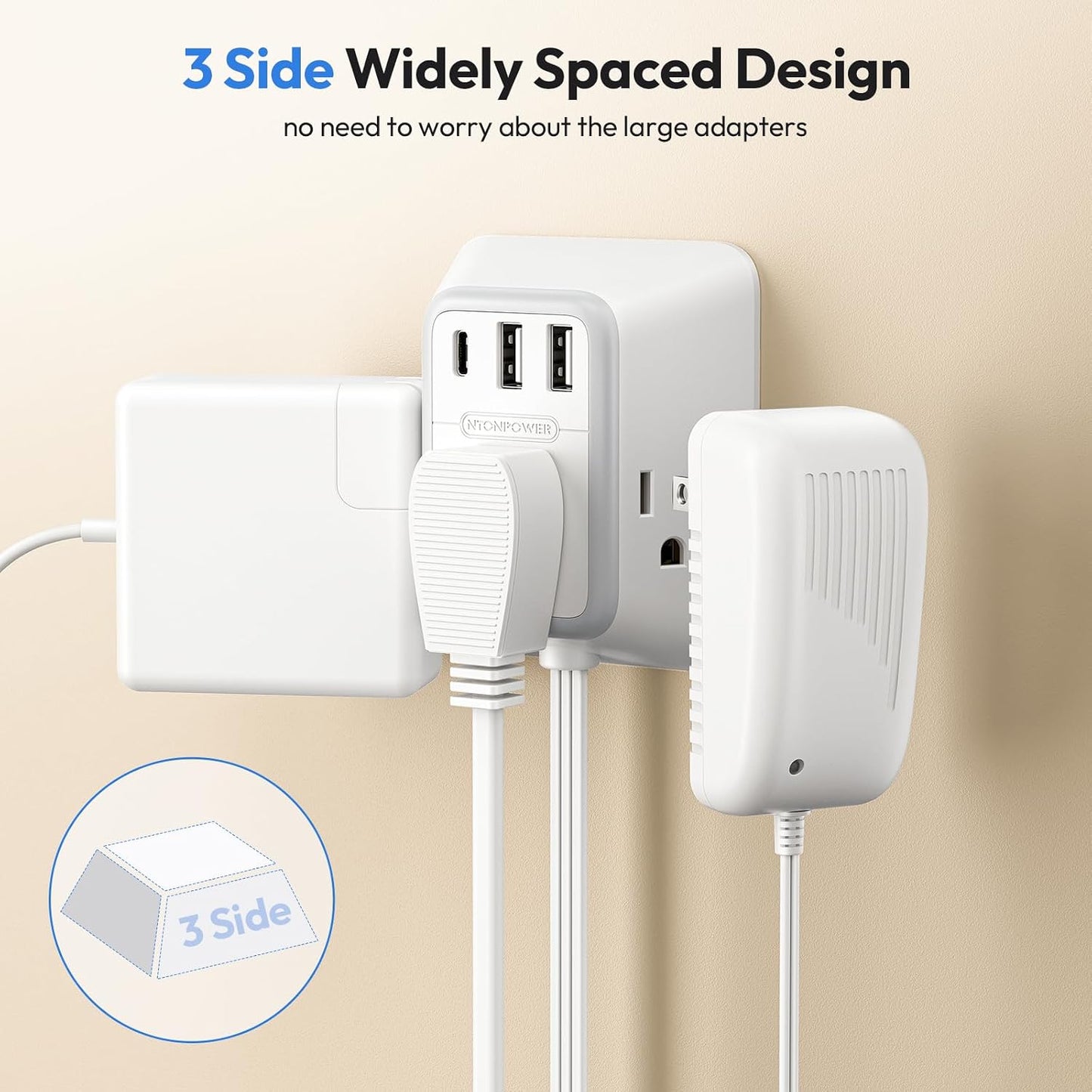 Cable extensión doble 12ft con 3 salidas CA, USB-A y USB-C