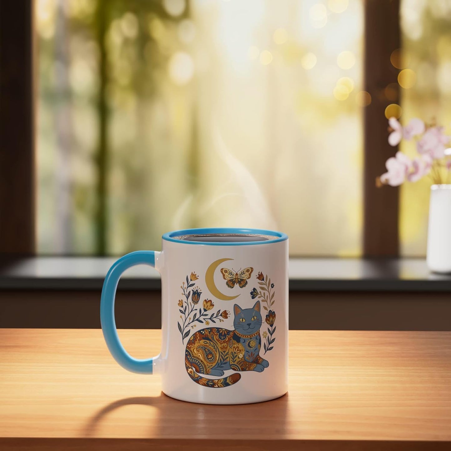 Taza cerámica floral azul/blanco estilo boho celestial