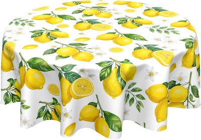 Mantel redondo de limón amarillo con ramas frutales, hojas y flores, 60 pulgadas