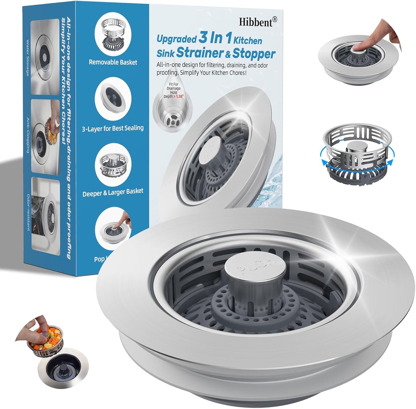 Colador drenaje fregadero 3en1 acero inox con tapón