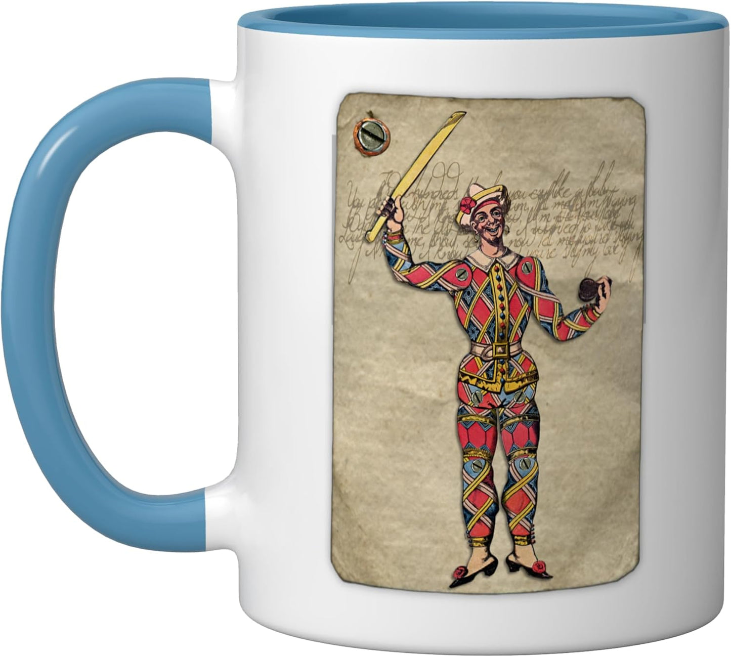 Taza cerámica vintage documentos efímeros azul/blanco