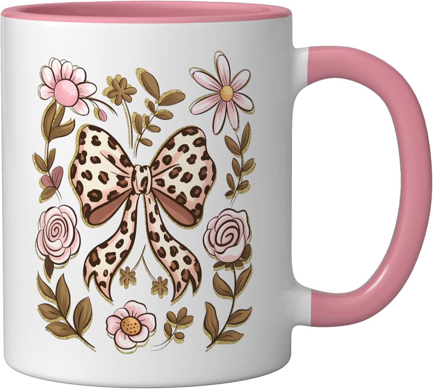 Lazo de impresión de leopardo y patrón floral en taza de cerámica rosa/blanco