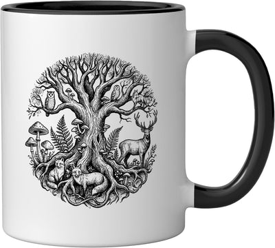 Taza cerámica Mystical Tree of Life animales bosque negro/blanco