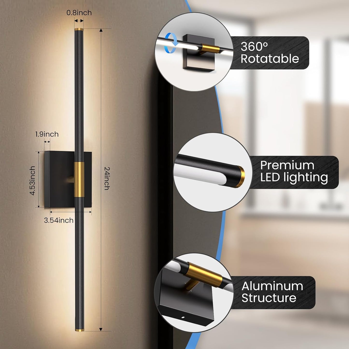 Lámpara tocador LED 18W 24pulg giratoria barra negra FCC