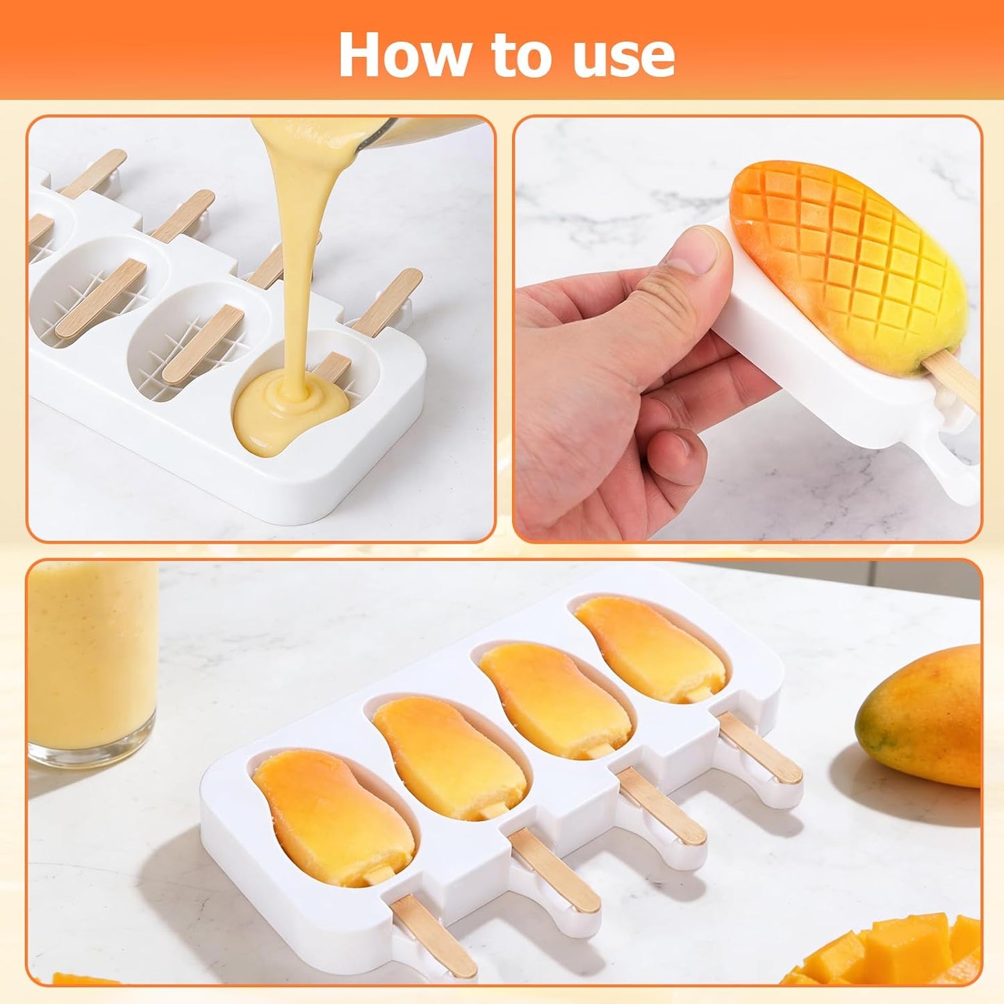 Moldes de silicona con forma de mango 4 cavidades 3D para paletas y cake pop con palitos de madera
