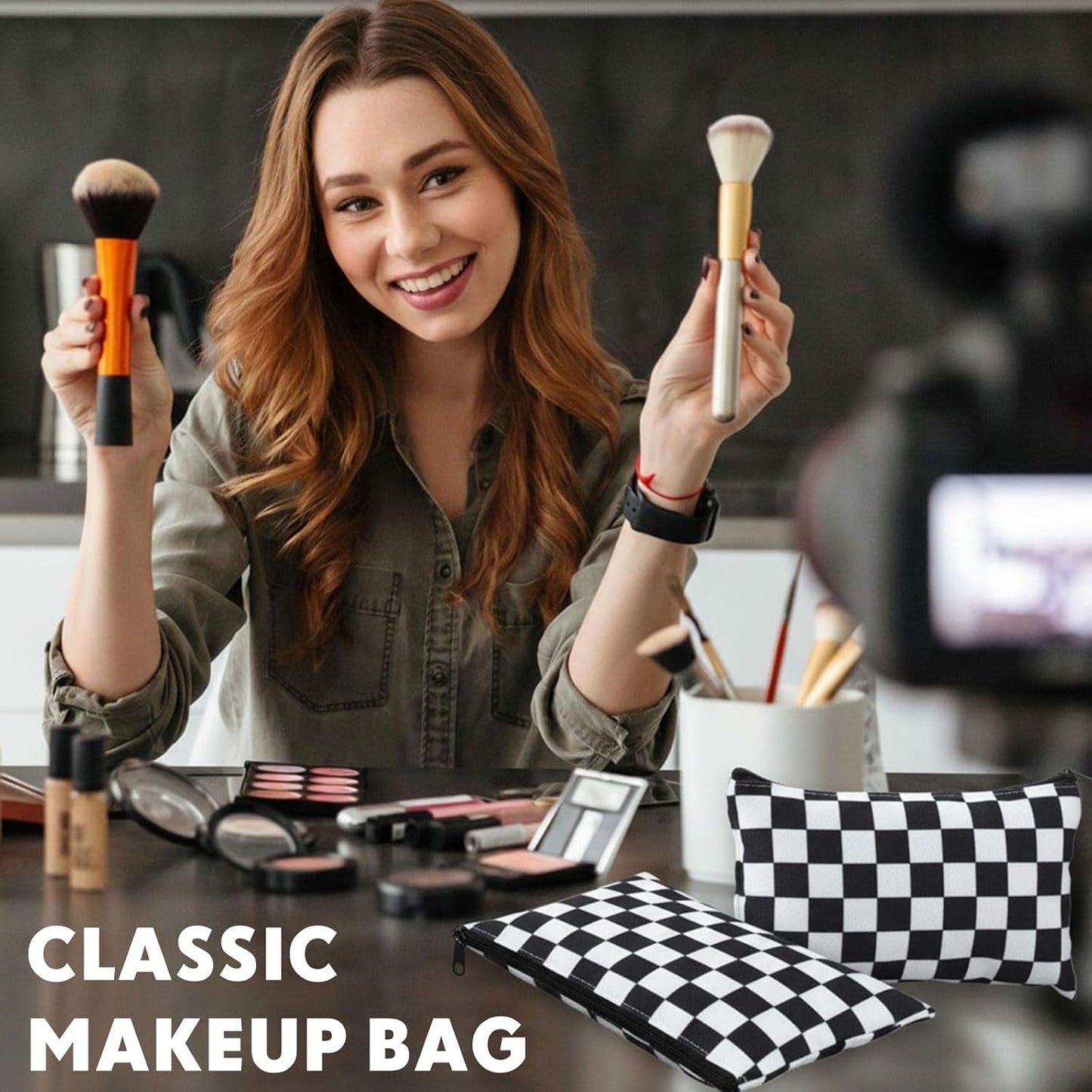 Bolsa maquillaje a cuadros con cremallera 20uds