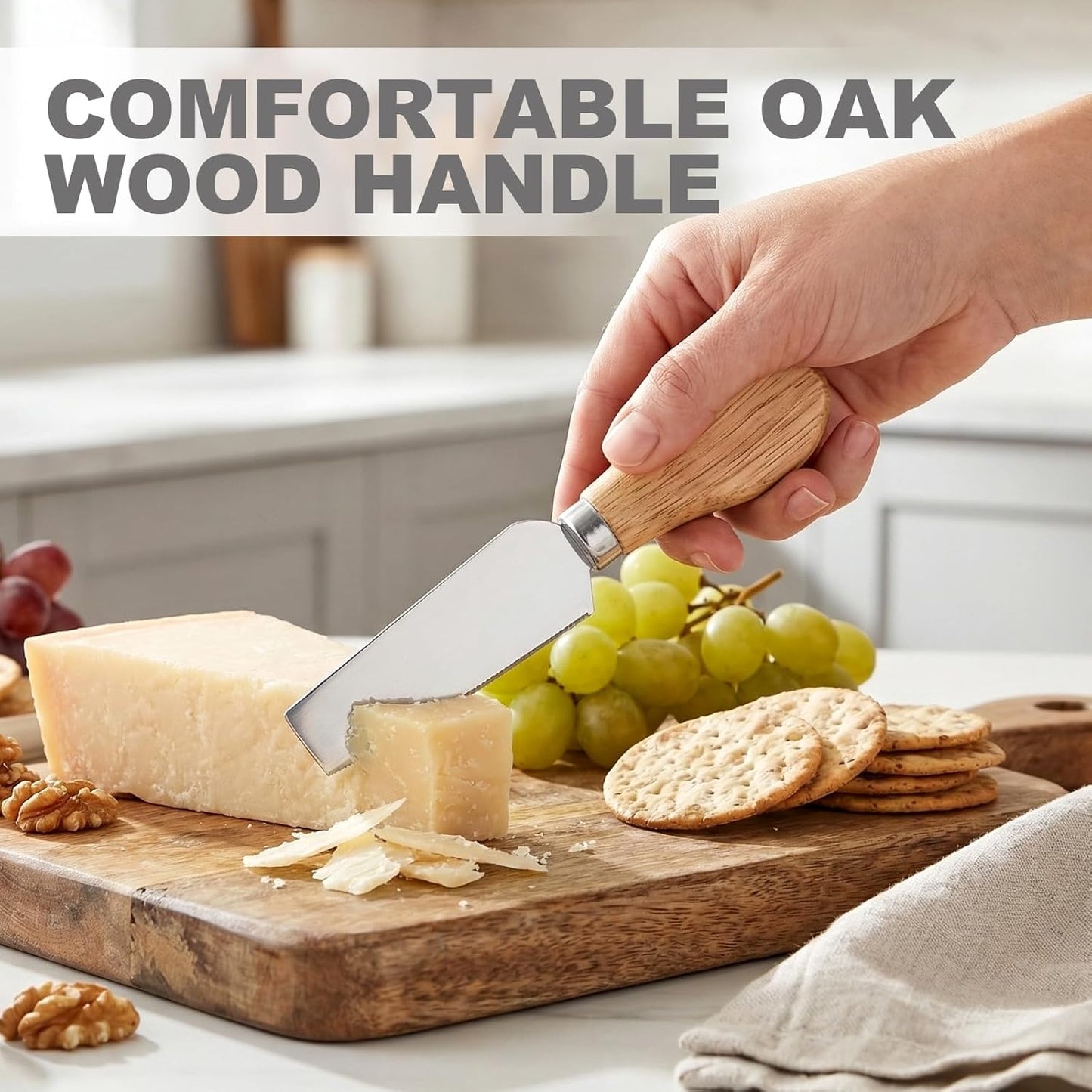 Juego 4 cuchillos queso madera roble acero inox