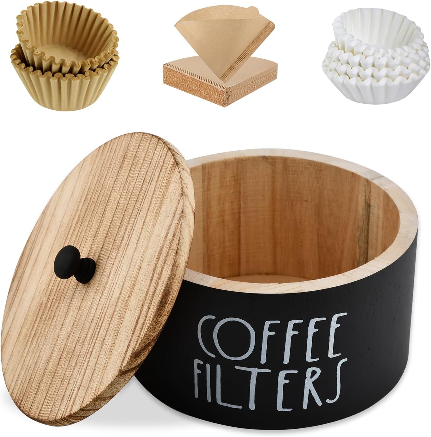 Soporte para filtro de café de madera redondo con tapa