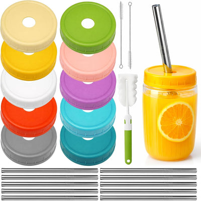 Paquete de 10 tapas con pajita Mason 2.77 pulgadas sin BPA con pajilla de acero