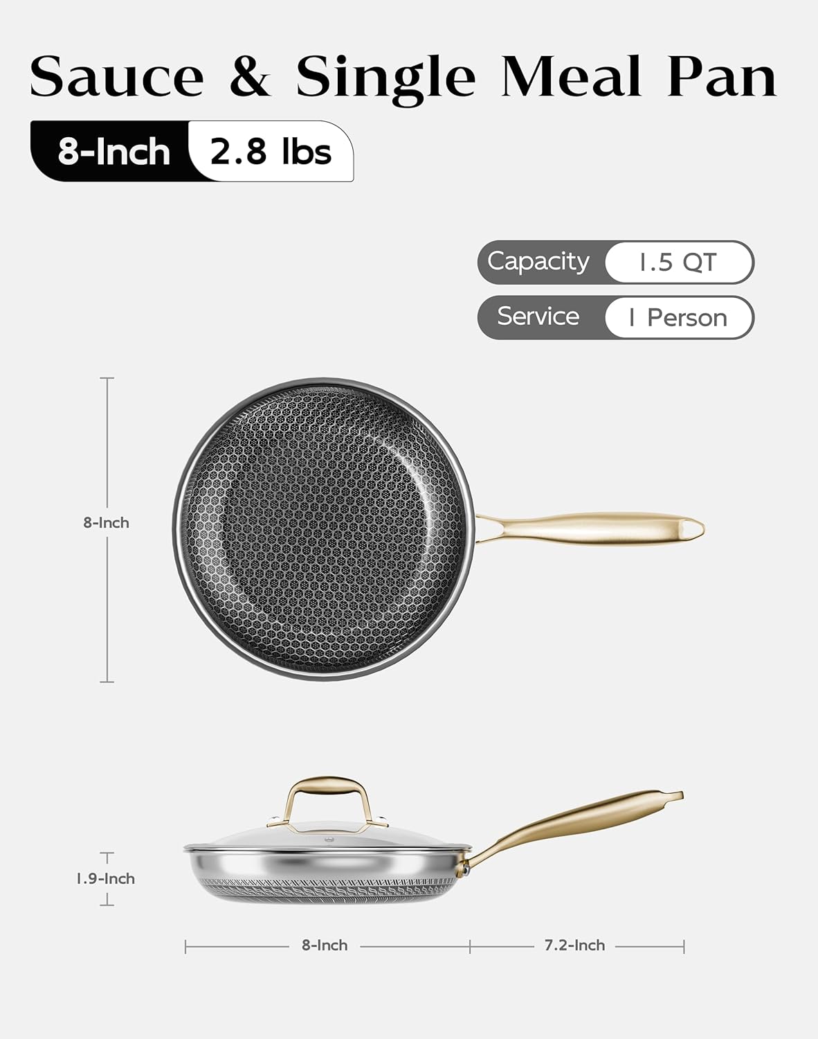 Sartén antiadherente acero inox 8pulg con tapa comp inducción