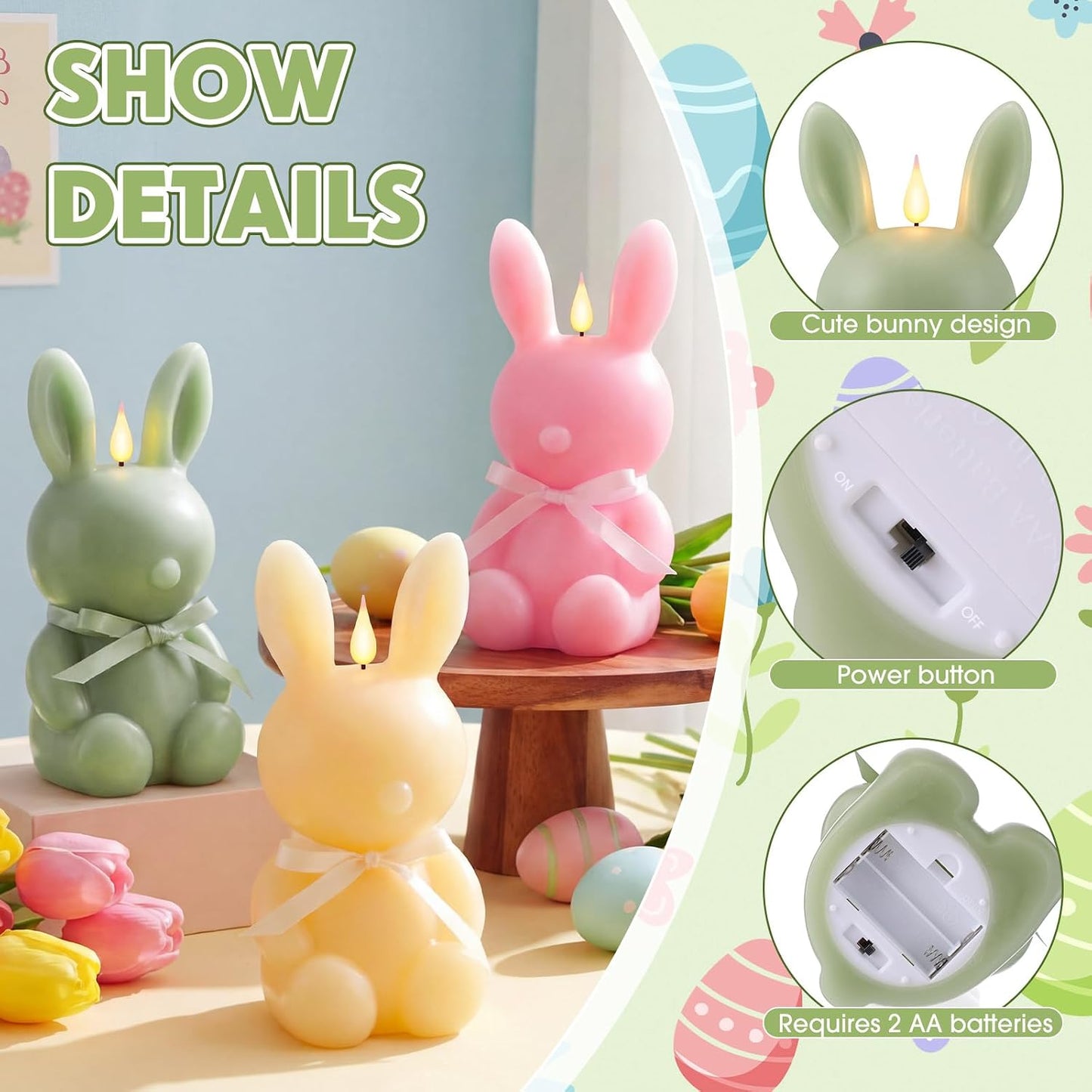 3 Velas LED Conejo 8pulg Control Remoto 3D Parpadeante