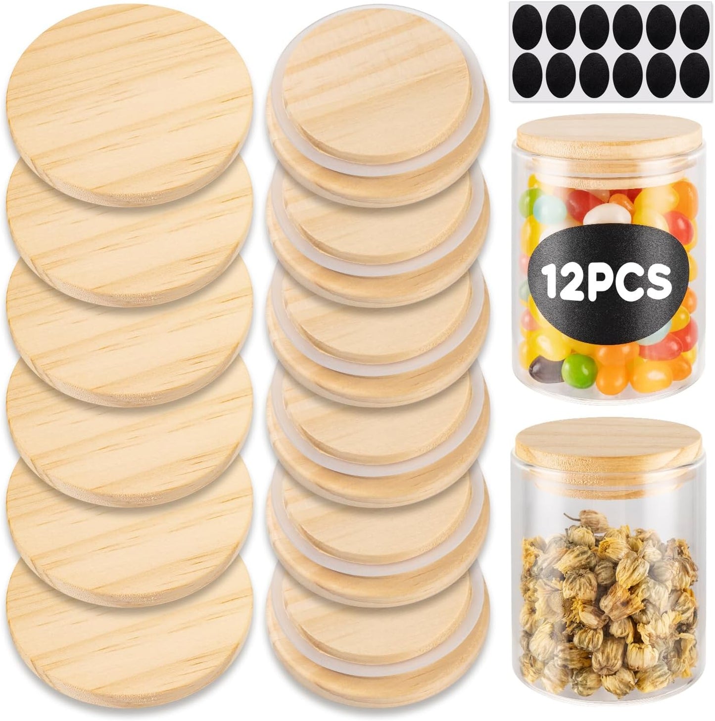 12 Tapas Madera Tarro Yogur Oui 5oz con Anillo Silicona