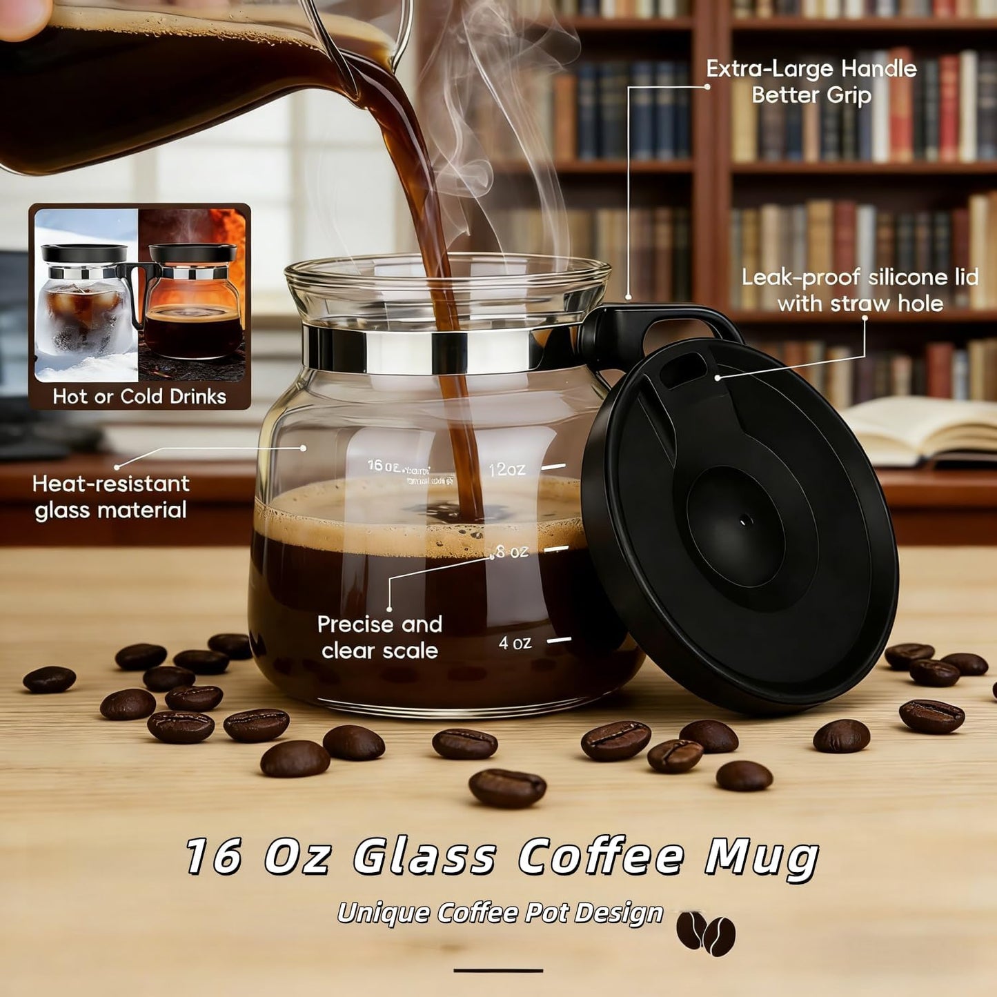 Taza de vidrio borosilicato transparente 16 oz con tapa y asa