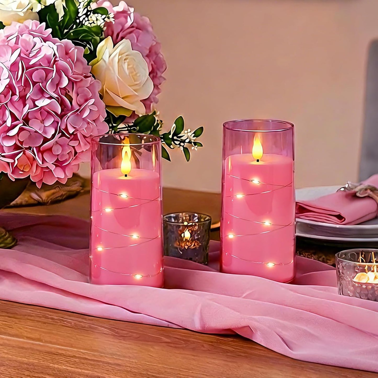 Velas rosas sin llama con luces hadas LED set 2 6pulg