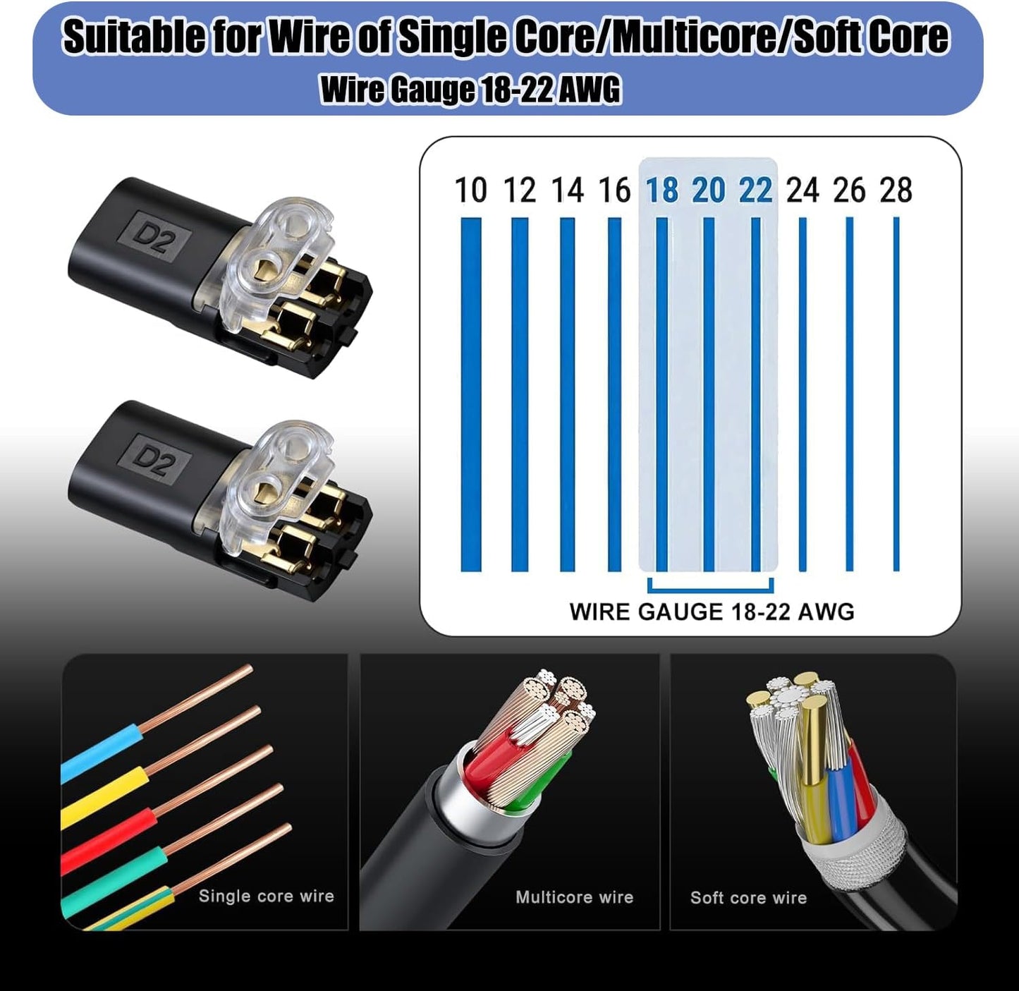 50 Conectores Doble Cable 22-18 AWG Led Bajos Voltaje