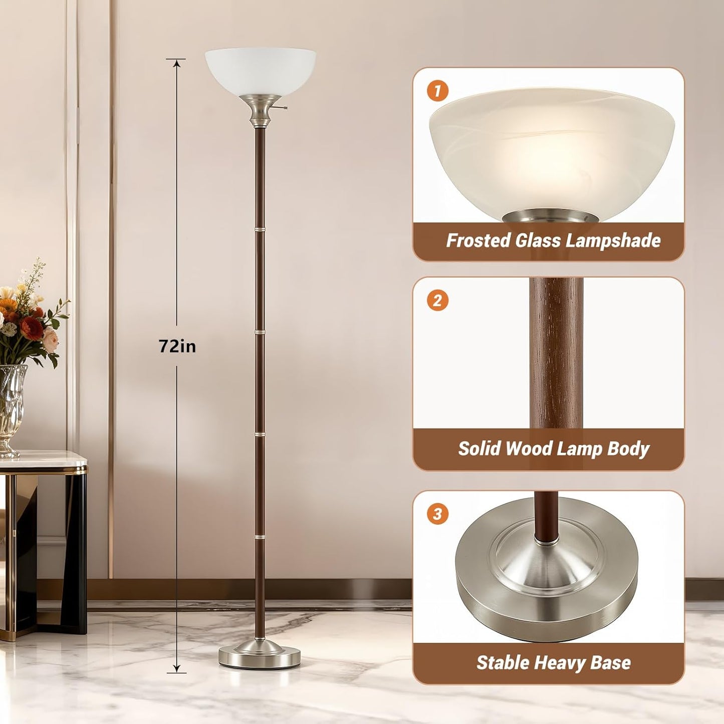 Lámpara pie madera nogal pantalla cristal sala dormitorio