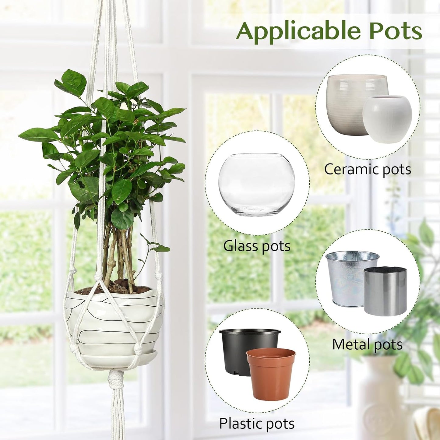 6 Colgadores Macramé para Plantas Interiores con Ganchos y Clavos
