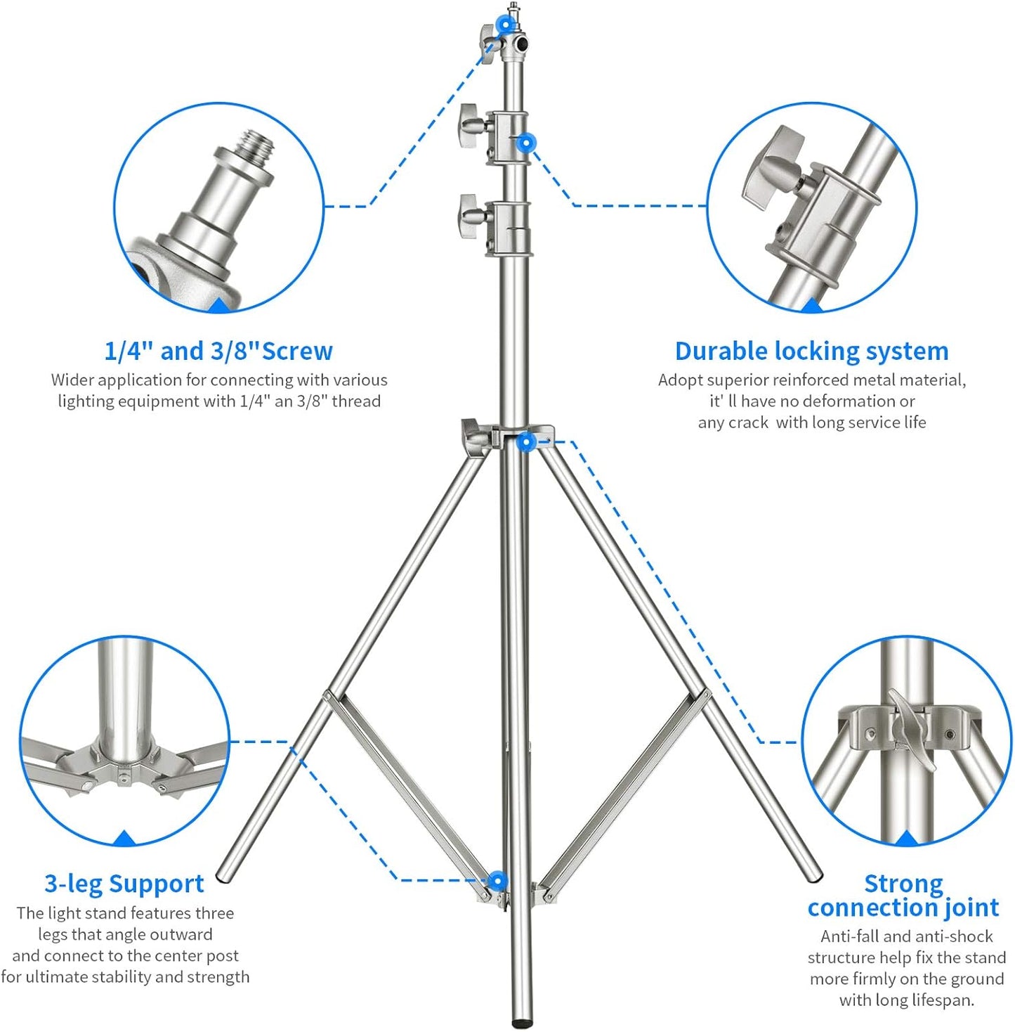 Soporte luz acero inox 3m trípode acolchado adaptador 1/4-3/8