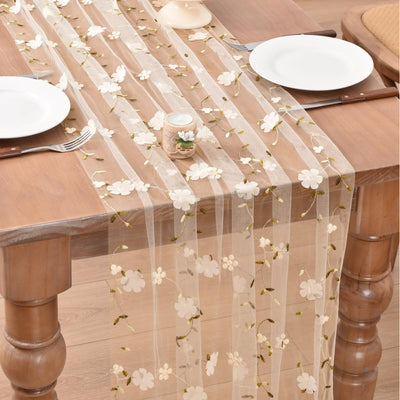 Camino de mesa beige con bordado floral 10 pies para decorar mesas