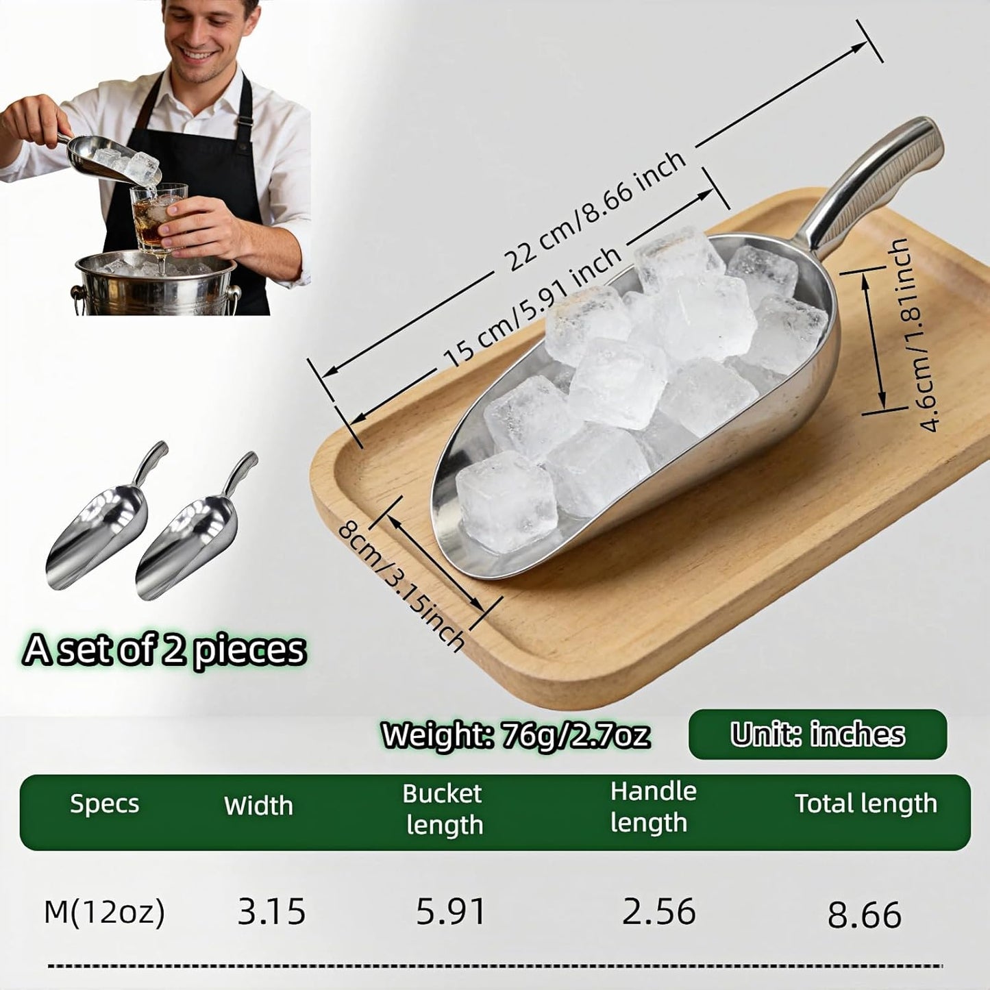 Paquete de 2 cucharas de hielo de aluminio resistente con mango ergonómico