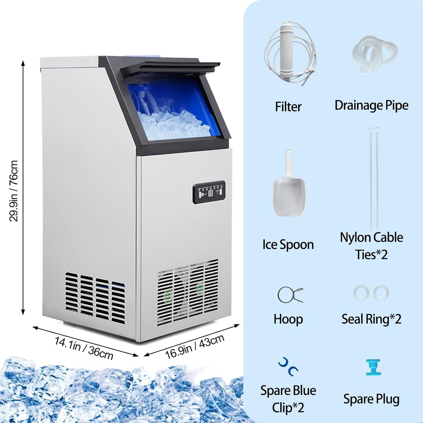 Máquina de hielo comercial con capacidad de 120 lbs/24h y bandeja de almacenamiento de 24 lbs