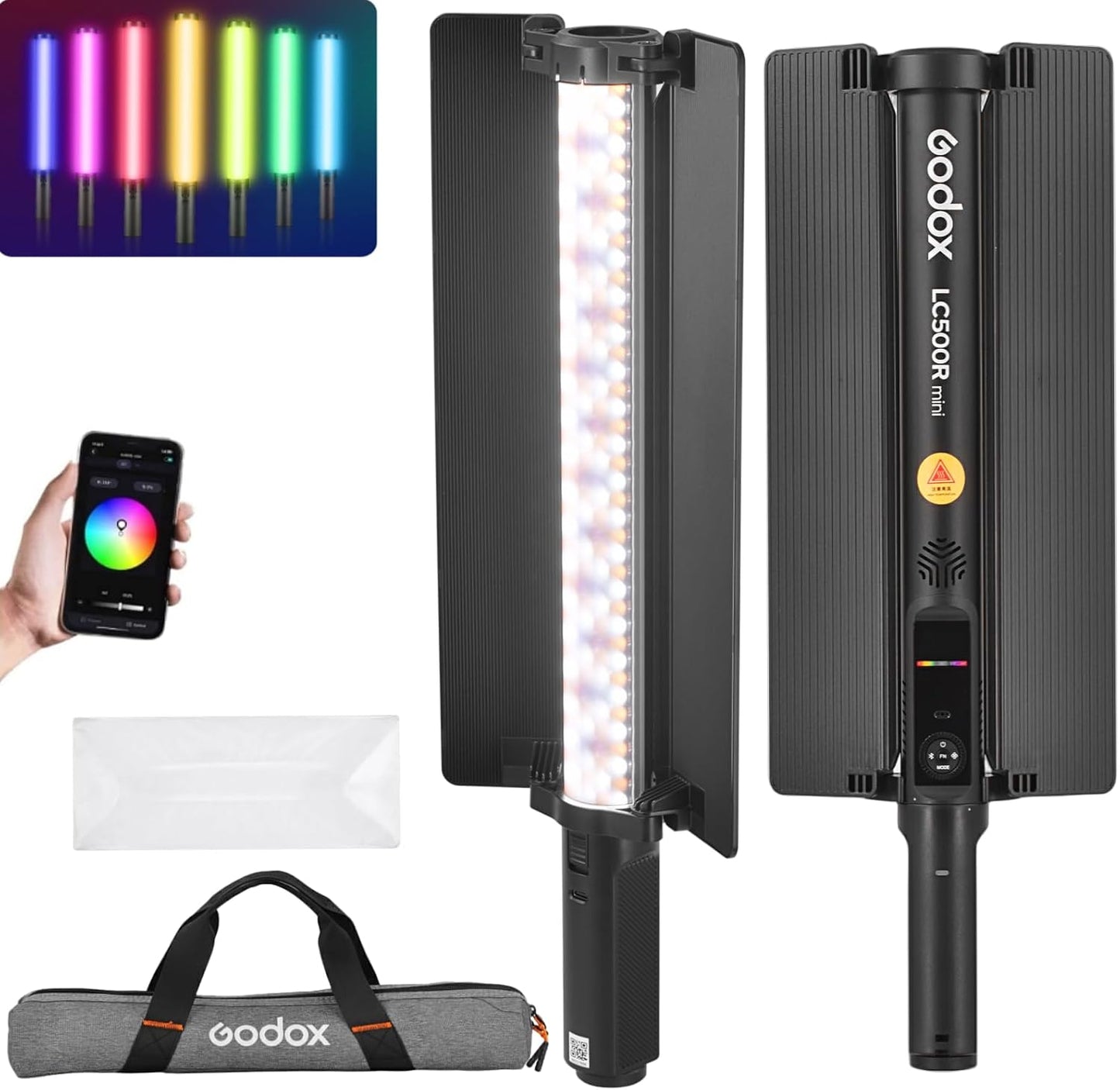 Luz RGB de mano 20W 360° con barndoor y difusor suave