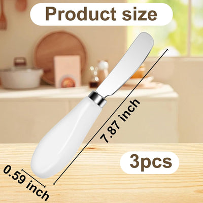 3 Cuchillos Esparcidor Queso Acero Inox Mango Porcelana Blanca