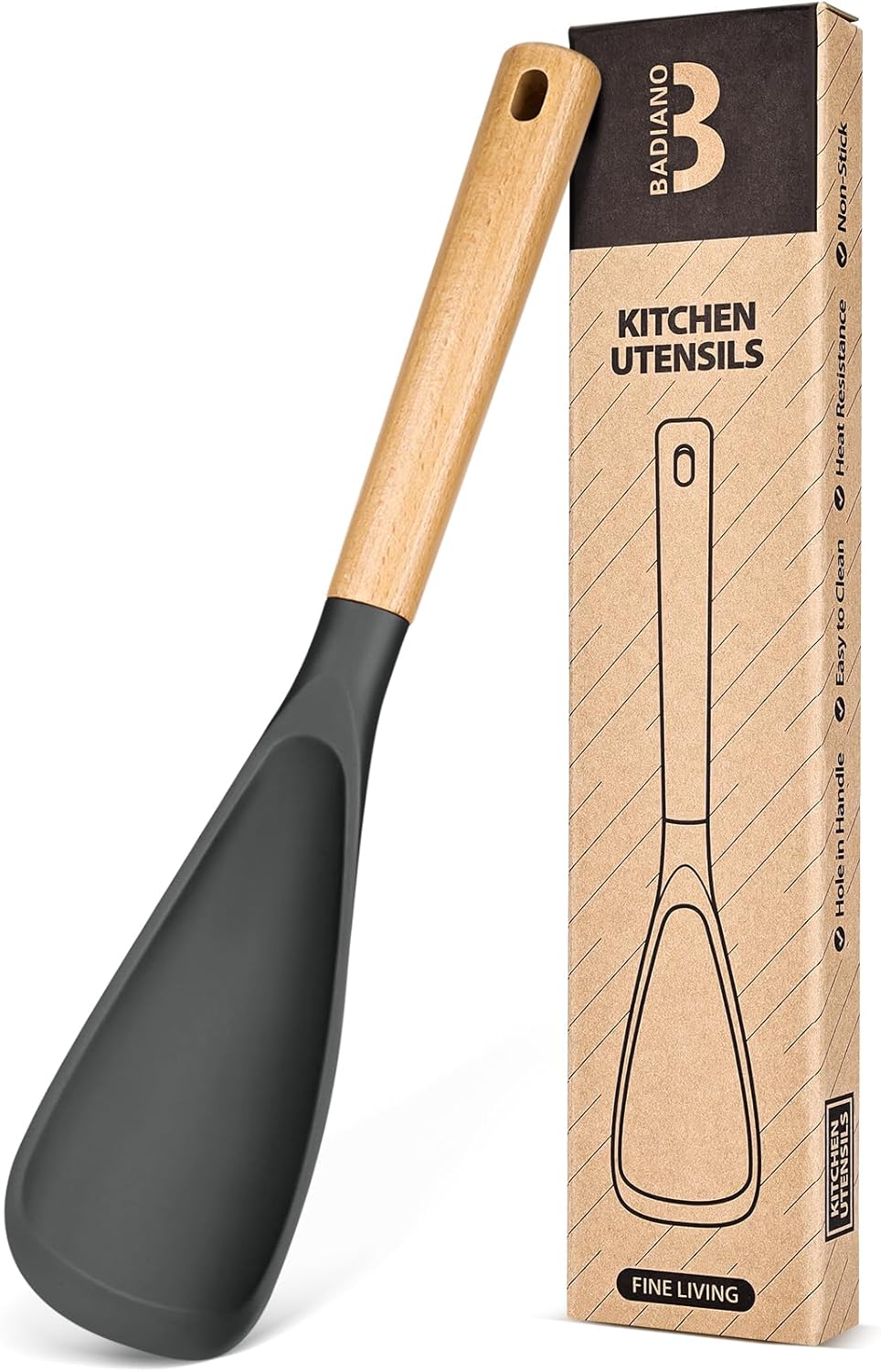 Cuchara de cocina de silicona mate sin BPA con mango de madera gris