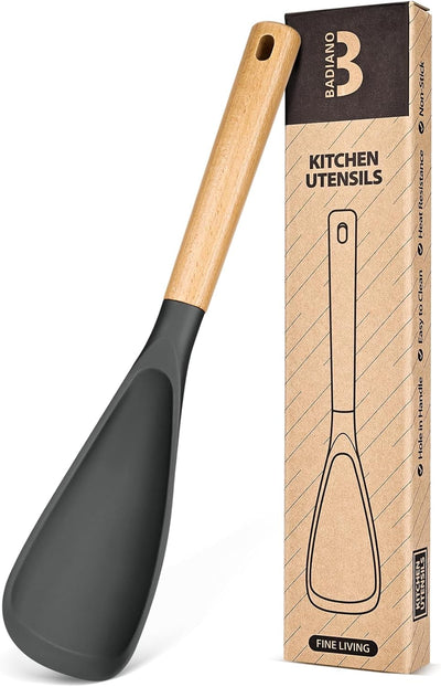 Cuchara de cocina de silicona mate sin BPA con mango de madera gris