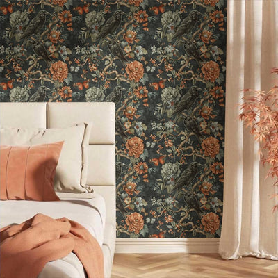 Papel tapiz autoadhesivo 18x236pulg diseño pájaros flores góticas