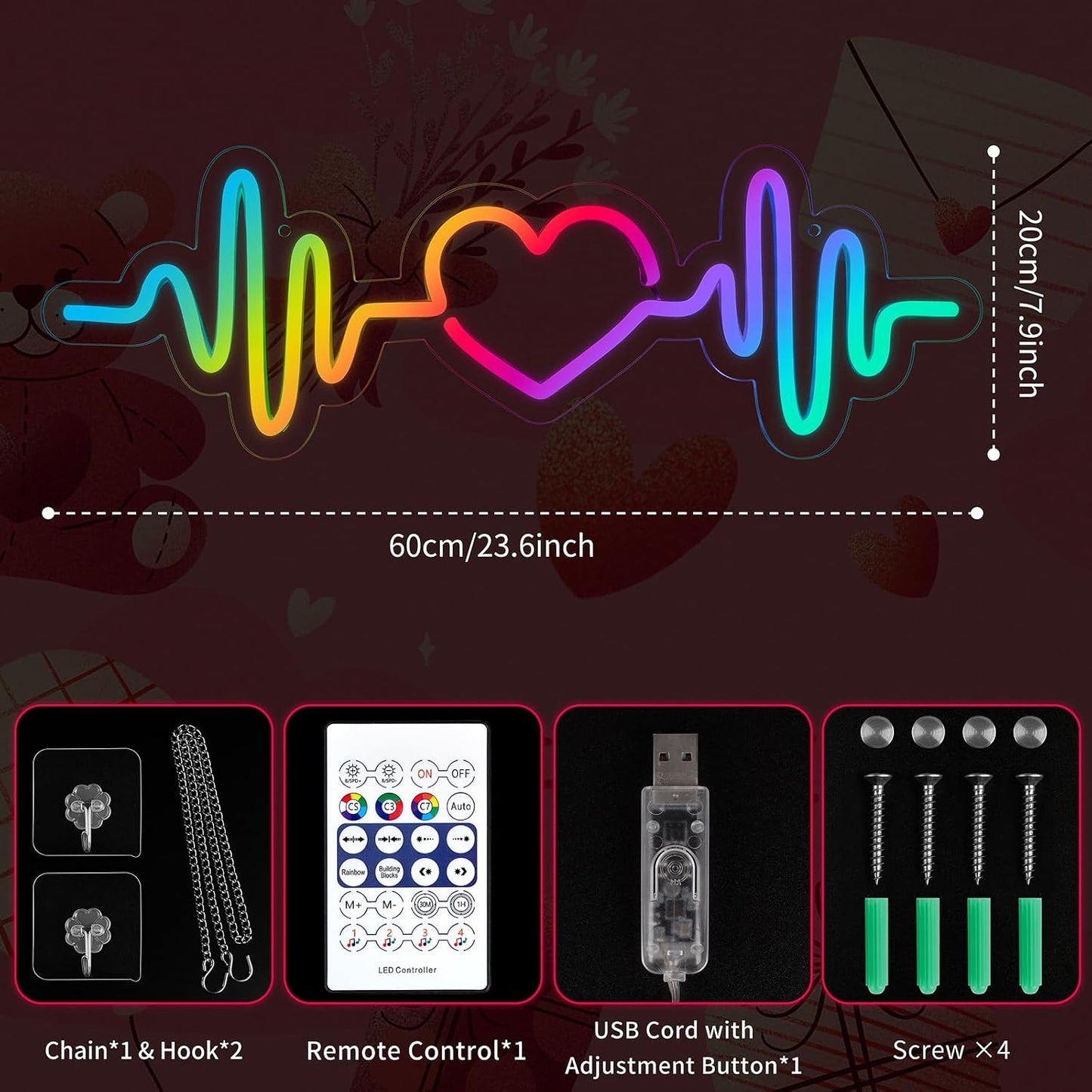 Letrero neón corazón amor ECG RGB regulable USB