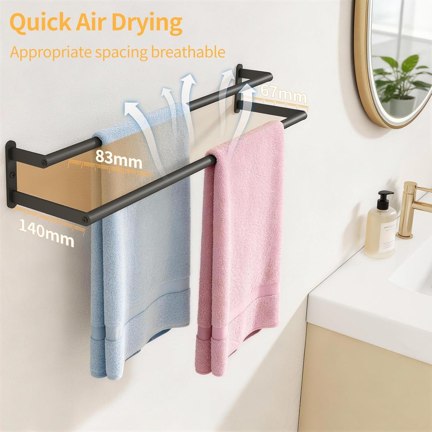 Toallero doble acero inox 24pulg para baño negro