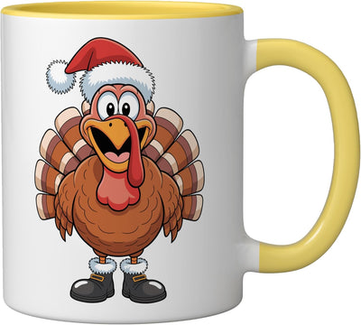 Taza cerámica de pavo navideño con botas de Santa amarillo/blanco