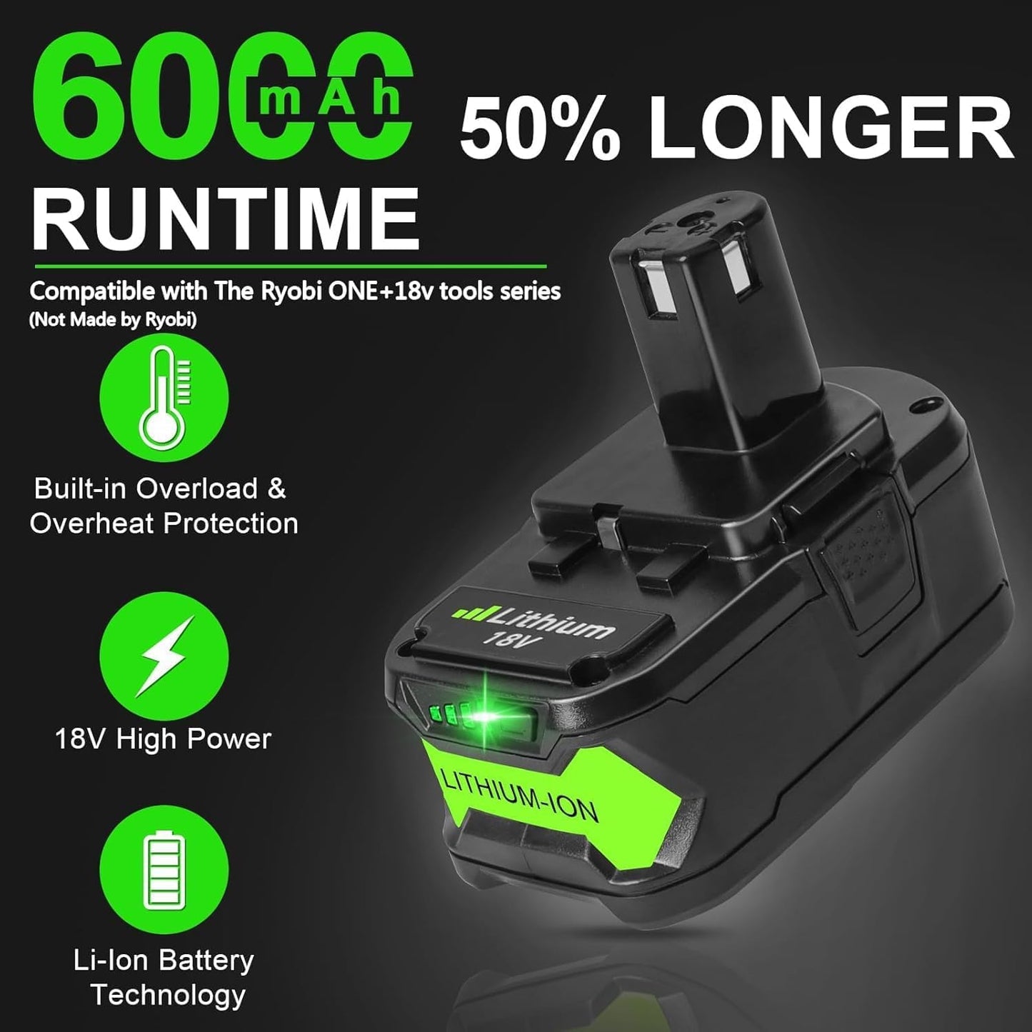 2 Baterías 6.0A comp Ryobi 18V ONE PCL235B PCL430B