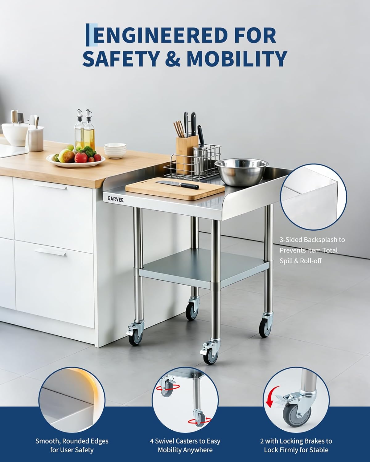 Mesa de trabajo de acero inoxidable con ruedas para cocina, restaurante y garaje