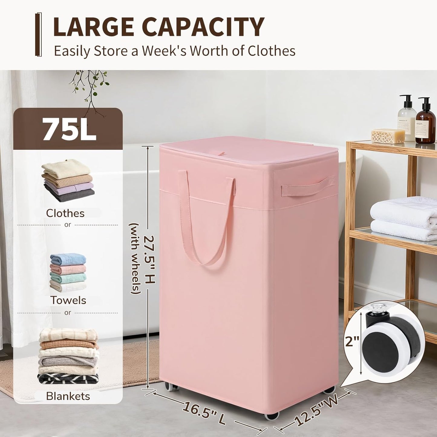 Cesta lavandería rosa con ruedas 75l baño dormitorio