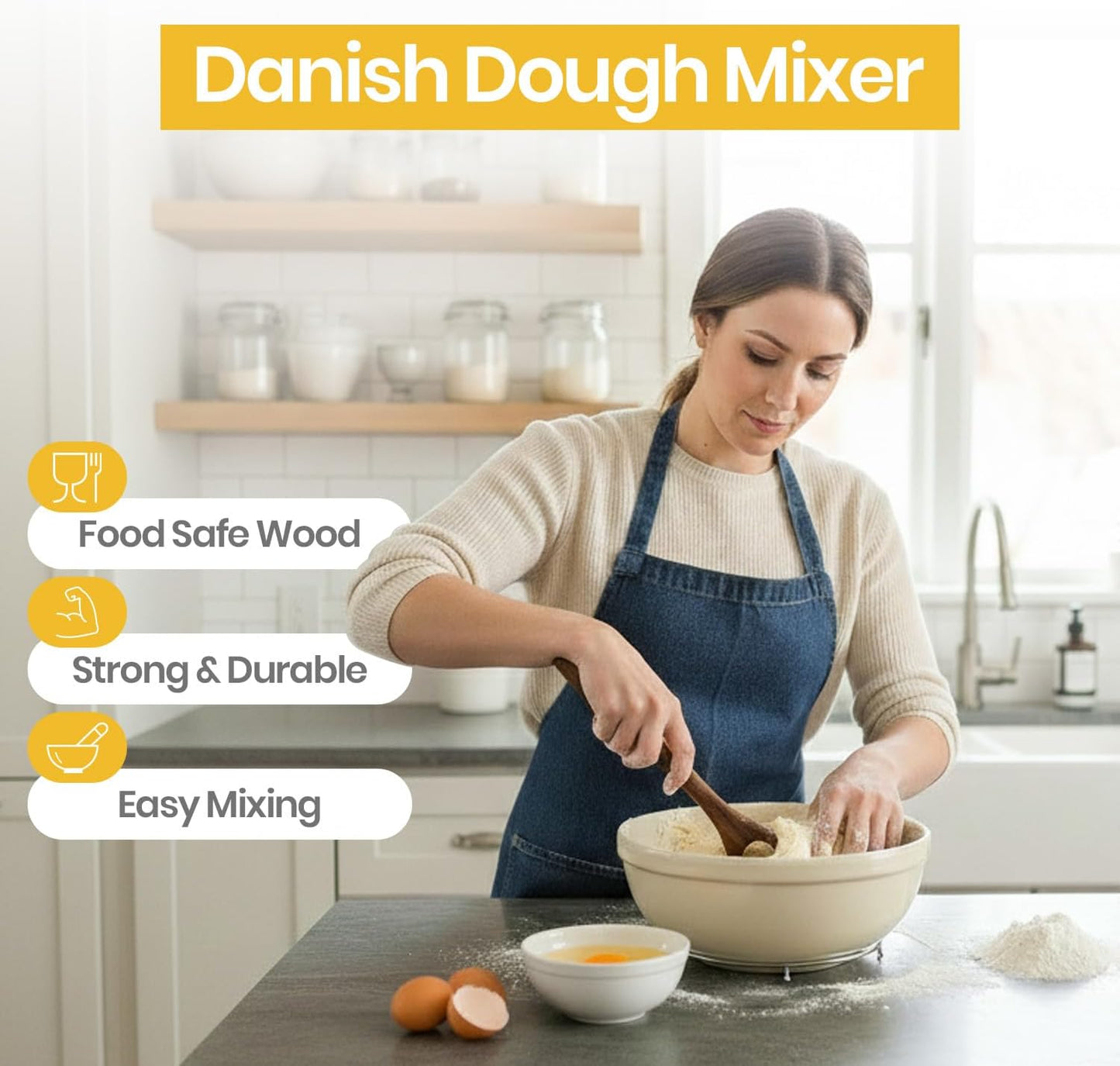 Batidor de masa madera natural para pan de masa madre
