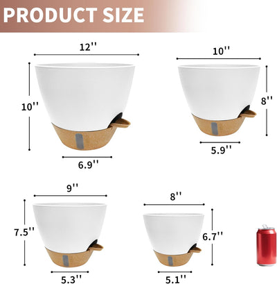 4 Macetas Autorriego 12/10/9/8pulg con Ventana Nivel Agua Blanco