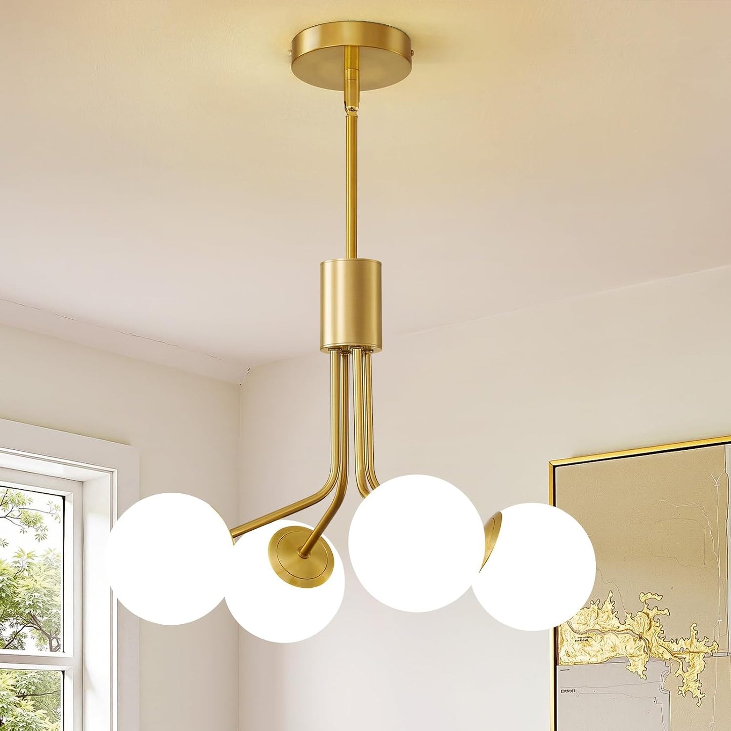 Lámpara techo Sputnik 4 luces doradas vidrio leche