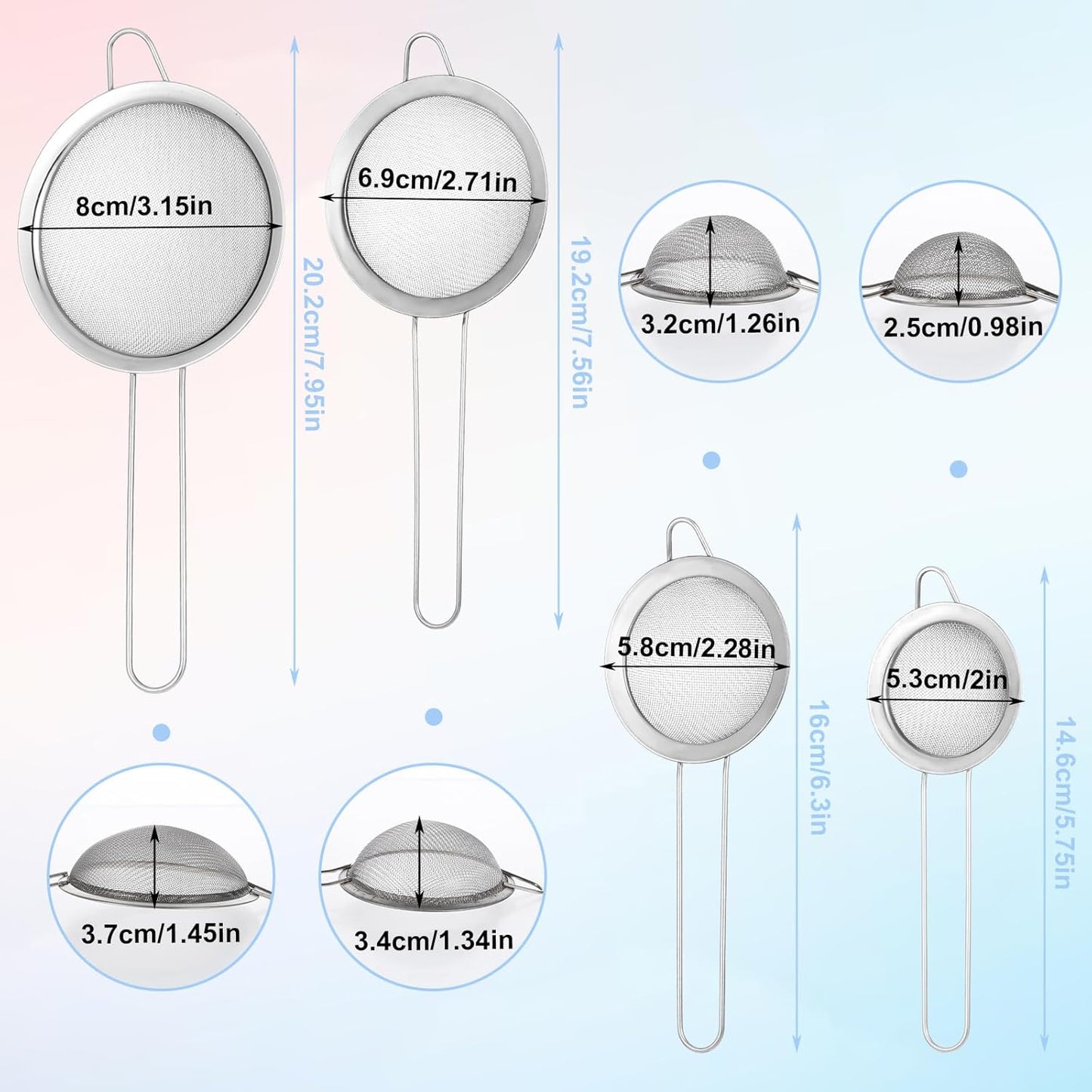 4 Coladores Acero Inox 4 Tamaños con Asa para Té Jugo y Harina
